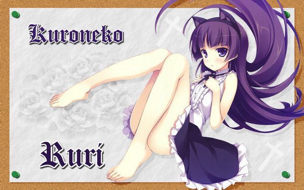 Anime picture 1920x1200 with ore no imouto ga konna ni kawaii wake ga nai gokou ruri yuuki hagure single long hair looking at viewer blush highres light erotic wide image purple eyes bare shoulders animal ears purple hair barefoot cat ears no shoes legs girl dress