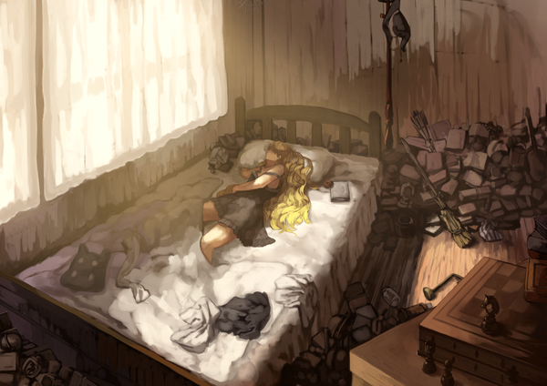 Anime picture 1637x1157 with touhou kirisame marisa berabou single long hair blonde hair bare shoulders indoors lying sunlight sleeping hat removed no face girl hat pillow book (books) bed curtains witch hat