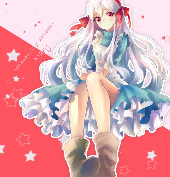 Anime picture 1157x1200 with kagerou project shaft (studio) mary (kagerou project) teka single long hair tall image looking at viewer blush smile red eyes sitting white hair character names girl ribbon (ribbons) hair ribbon boots