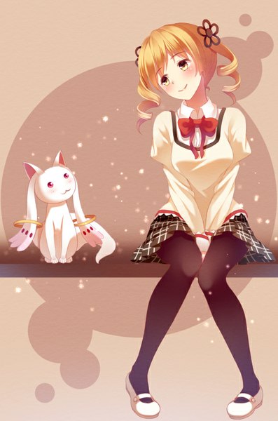 Anime picture 530x800 with mahou shoujo madoka magica shaft (studio) tomoe mami kyuubee yasuno (airy light) long hair tall image blush breasts blonde hair sitting twintails yellow eyes looking away drill hair eye contact knees touching knees together feet apart girl skirt