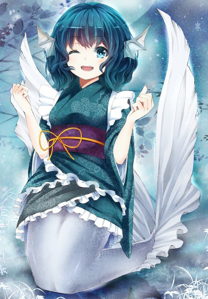 Anime picture 1100x1580 with touhou wakasagihime mikoma sanagi single tall image looking at viewer fringe short hair open mouth blue eyes smile blue hair traditional clothes japanese clothes one eye closed wink teeth happy girl ribbon (ribbons)