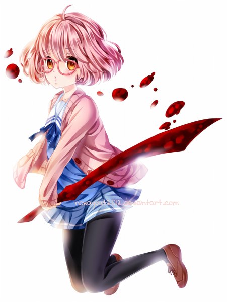 Anime picture 924x1224 with kyoukai no kanata kyoto animation kuriyama mirai tonowa (nowayout2012) single tall image blush short hair simple background white background yellow eyes pink hair pleated skirt :o girl skirt uniform weapon school uniform pantyhose