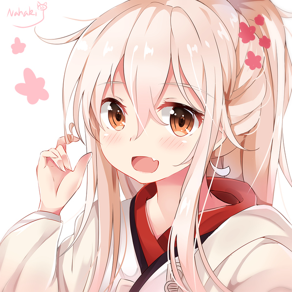 Anime picture 1000x1000 with urara meirochou j.c. staff chiya (urara meirochou) nahaki single long hair looking at viewer blush fringe open mouth simple background blonde hair smile hair between eyes white background brown eyes signed ponytail traditional clothes :d
