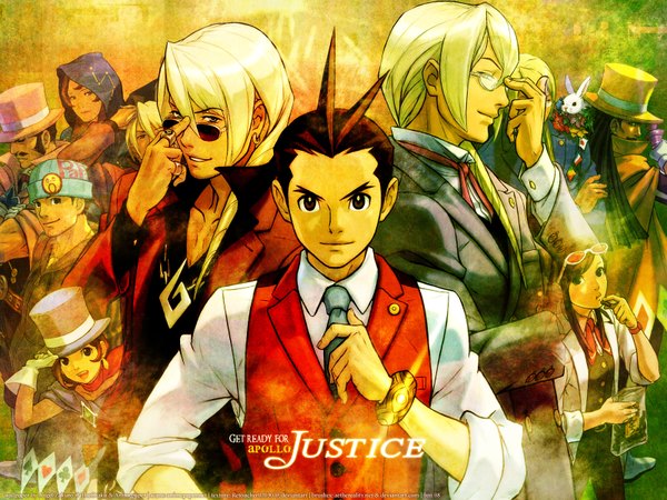 Anime picture 1600x1200 with ace attorney tagme (character) garyuu kirihito garyuu kyouya odoroki housuke blonde hair brown hair group adjusting glasses necktie bracelet hood vest sunglasses suit bunny top hat