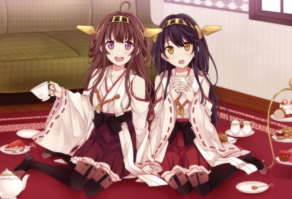 Anime picture 1200x818 with kantai collection kongou battleship haruna battleship choukou koukyou no inagi long hair looking at viewer blush open mouth black hair brown hair purple eyes multiple girls yellow eyes traditional clothes nontraditional miko girl hair ornament 2 girls detached sleeves food