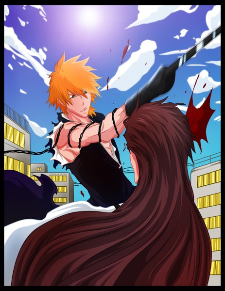 Anime picture 930x1205 with bleach studio pierrot kurosaki ichigo aizen sousuke azley single long hair tall image short hair brown hair brown eyes sky cloud (clouds) traditional clothes japanese clothes orange hair multiple boys coloring torn clothes muscle