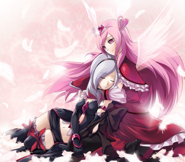 Anime picture 1200x1050 with long hair multiple girls pink hair eyes closed pink eyes grey hair girl 2 girls wings