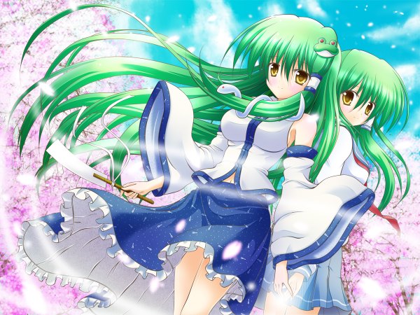 Anime picture 1200x900 with touhou kochiya sanae osashin (osada) long hair multiple girls yellow eyes green hair cherry blossoms girl 2 girls detached sleeves animal petals hair tubes snake