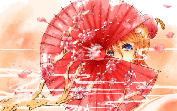 Anime picture 1280x800 with gintama sunrise (studio) kagura (gintama) jellyfishome single looking at viewer blue eyes wide image orange hair cherry blossoms fog girl flower (flowers) petals umbrella branch
