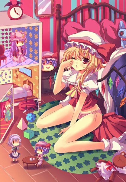 Anime picture 600x862 with touhou flandre scarlet remilia scarlet izayoi sakuya patchouli knowledge hong meiling koakuma peach88 long hair tall image blush short hair open mouth light erotic blonde hair smile red eyes sitting purple hair red hair