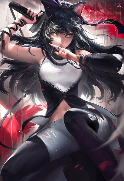 Anime picture 684x1000 with rwby rooster teeth blake belladonna sakimichan single long hair tall image looking at viewer fringe black hair bare shoulders signed animal ears yellow eyes bent knee (knees) lips realistic mole mole under eye torn clothes