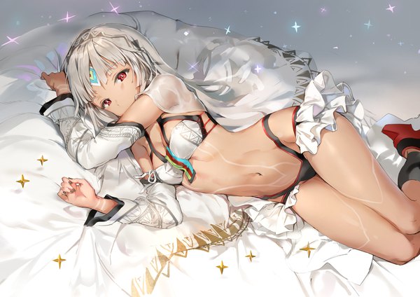 Anime picture 1736x1228 with fate (series) fate/grand order fate/extra fate/extella altera (fate) anmi single looking at viewer highres short hair light erotic red eyes cleavage bent knee (knees) lying nail polish fingernails grey hair scan sparkle