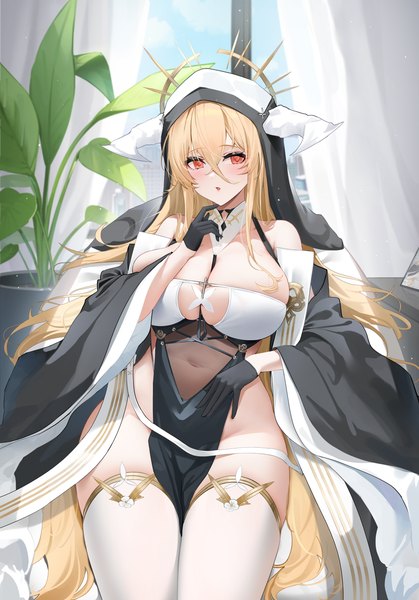 Anime picture 4121x5897 with azur lane implacable (azur lane) qing wu single tall image looking at viewer blush fringe highres breasts open mouth light erotic blonde hair hair between eyes red eyes large breasts bare shoulders absurdres indoors very long hair