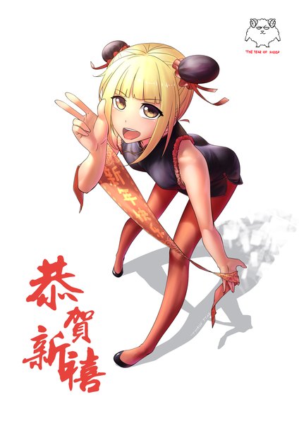 Anime picture 2480x3507 with original daye bie qia lian single tall image fringe highres short hair open mouth simple background blonde hair white background brown eyes traditional clothes from above leaning leaning forward chinese clothes girl pantyhose