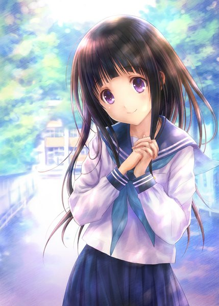 Anime picture 572x800 with hyouka kyoto animation chitanda eru goto p single long hair tall image looking at viewer blush fringe smile brown hair purple eyes pleated skirt sunlight girl skirt uniform plant (plants) tree (trees)