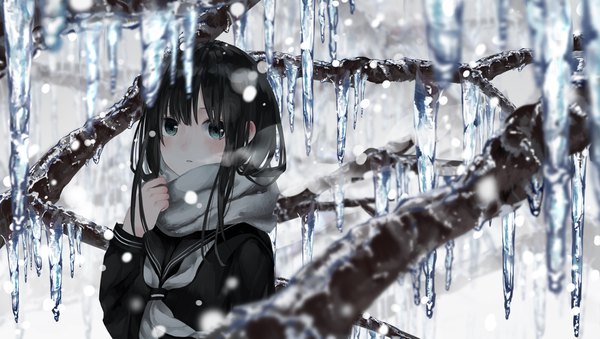 Anime picture 4134x2337 with original yuzua single long hair looking at viewer blush fringe highres black hair wide image payot absurdres outdoors parted lips black eyes depth of field winter exhalation bare tree cold