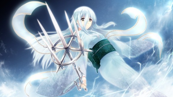 Anime picture 2048x1152 with tokyo babel long hair highres wide image brown eyes game cg white hair japanese clothes girl weapon sword kimono obi shawl
