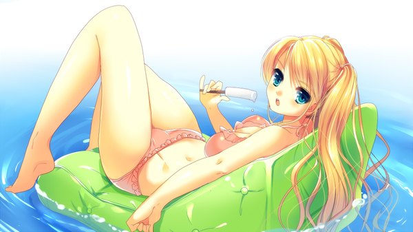 Anime picture 1920x1079 with original mochiko (mochiko3121) long hair blush highres open mouth blue eyes light erotic blonde hair wide image girl navel swimsuit bikini water food sweets ice cream