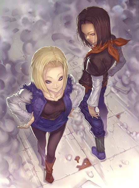 Anime picture 1000x1358 with dragon ball dragon ball z android 18 android 17 katsutake tall image short hair black hair blonde hair smile purple eyes looking back open clothes open jacket hands on hips girl boy skirt belt