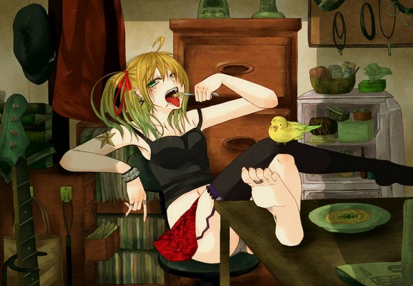 Anime picture 1600x1111 with vocaloid kagamine rin single looking at viewer blush fringe short hair open mouth sitting ponytail pantyshot crossed legs side ponytail pantyshot sitting eating girl thighhighs skirt underwear panties