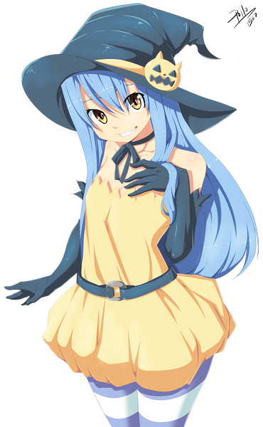 Anime picture 1850x3000 with fairy tail wendy marvell pollo1567 single long hair tall image highres smile bare shoulders yellow eyes blue hair grin coloring transparent background girl thighhighs dress gloves elbow gloves witch hat