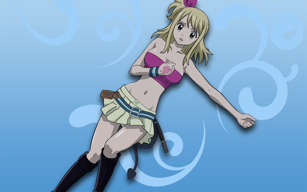 Anime picture 1920x1200 with fairy tail lucy heartfilia zagtul single long hair highres open mouth simple background blonde hair wide image brown eyes lying midriff tattoo one side up girl navel miniskirt thigh boots wristlet