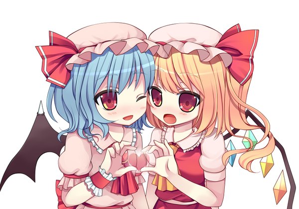 Anime picture 3459x2427 with touhou flandre scarlet remilia scarlet swami blush highres short hair simple background blonde hair red eyes white background multiple girls blue hair absurdres one eye closed wink heart hands girl dress 2 girls