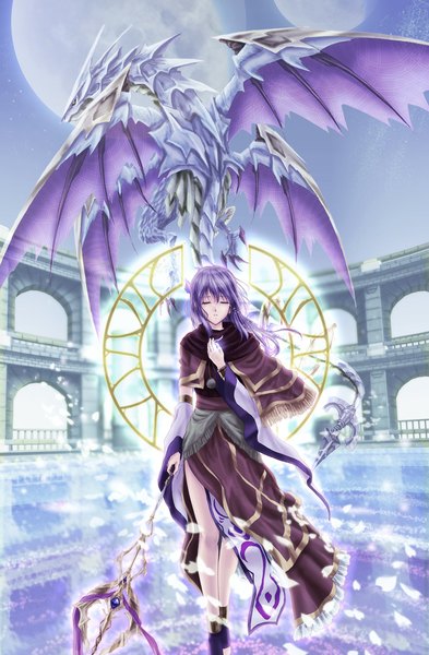 Anime picture 720x1100 with ys ys seven falcom (studio) tia (ys) tialuna (ys) ntake toukasaien single long hair tall image fringe standing holding purple hair eyes closed traditional clothes wind legs hand on chest fantasy spoilers