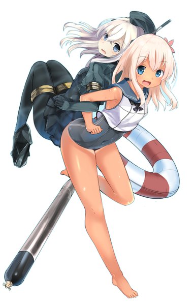 Anime picture 2100x3300 with kantai collection ro-500 submarine u-511 submarine haik long hair tall image looking at viewer blush highres open mouth blue eyes light erotic blonde hair simple background white background multiple girls bent knee (knees) barefoot hair flower bare legs