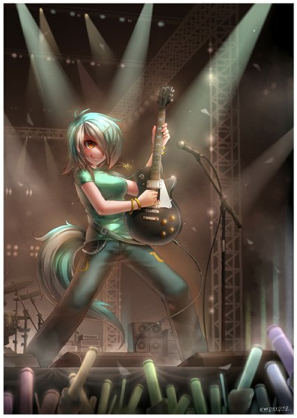 Anime picture 787x1105 with my little pony lyra heartstrings emperpep tall image blush fringe short hair smile silver hair tail animal tail multicolored hair hair over one eye aqua hair two-tone hair orange eyes framed personification girl microphone