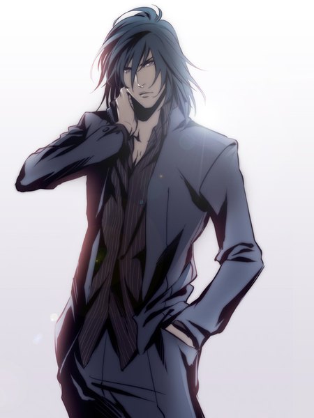 Anime picture 600x800 with tales of (series) tales of hearts hisui hearts red lian single long hair tall image looking at viewer fringe hair between eyes standing gradient background hand in pocket formal arm around neck boy suit