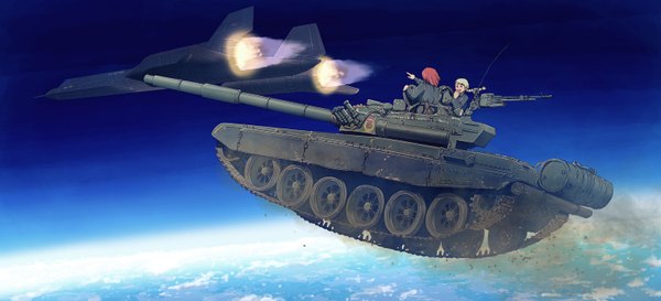 Anime picture 1500x684 with original sr-71 earasensha wide image flying girl weapon gun ground vehicle airplane tank jet caterpillar tracks t-72