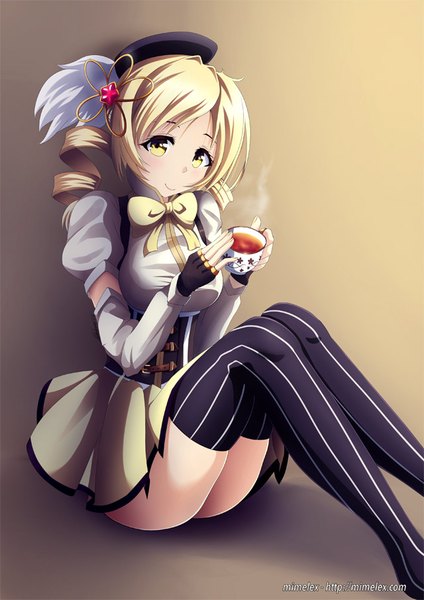 Anime picture 640x905 with mahou shoujo madoka magica shaft (studio) tomoe mami mimelex single long hair tall image looking at viewer breasts light erotic blonde hair smile sitting twintails holding yellow eyes bent knee (knees) pleated skirt short sleeves puffy sleeves