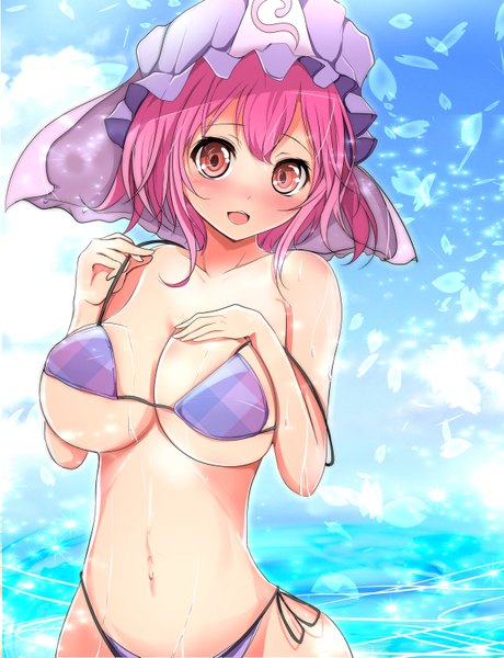 Anime picture 2404x3130 with touhou saigyouji yuyuko velia (artist) single tall image looking at viewer highres short hair breasts open mouth light erotic smile large breasts bare shoulders pink hair pink eyes off shoulder bare belly wet alternate costume