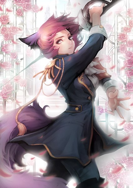 Anime picture 1500x2122 with zzoggomini single tall image fringe short hair standing brown eyes animal ears pink hair tail animal tail cat ears cat tail fighting stance girl uniform flower (flowers) weapon petals sword