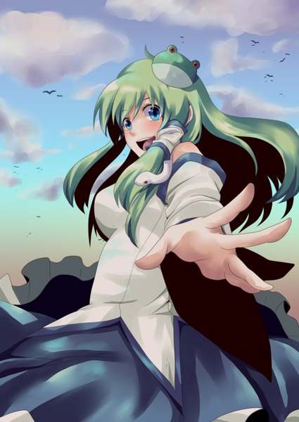 Anime picture 2148x3034 with touhou kochiya sanae boooo-im (artist) single long hair tall image highres open mouth blue eyes cloud (clouds) looking back green hair girl dress hair tubes snake