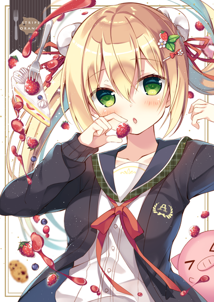 Anime picture 600x847 with original sumisaki yuzuna long hair tall image looking at viewer fringe breasts blonde hair hair between eyes twintails green eyes :o > < girl hair ornament ribbon (ribbons) hair ribbon animal food sweets