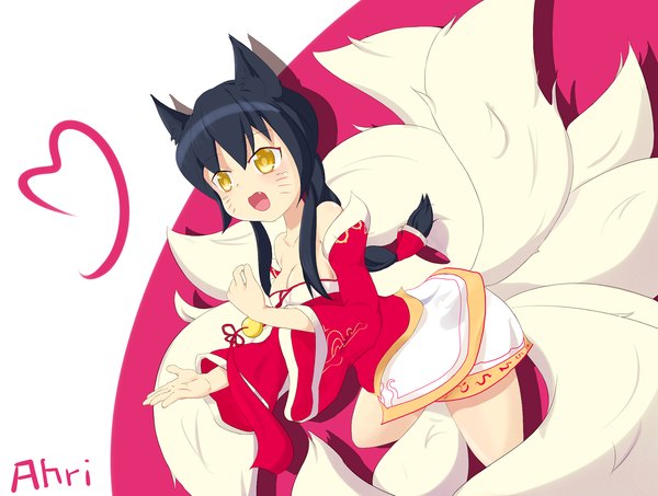 Anime picture 1586x1200 with league of legends ahri (league of legends) single long hair open mouth black hair animal ears yellow eyes animal tail facial mark multiple tails whisker markings girl detached sleeves