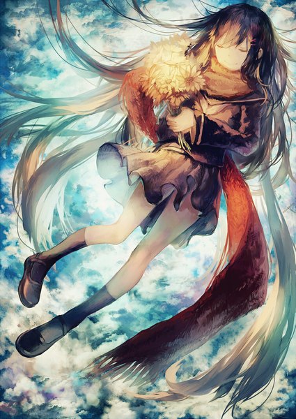 Anime picture 752x1062 with kagerou project shaft (studio) tateyama ayano leclle single tall image smile brown hair holding cloud (clouds) eyes closed very long hair falling midair girl skirt flower (flowers) miniskirt socks black socks