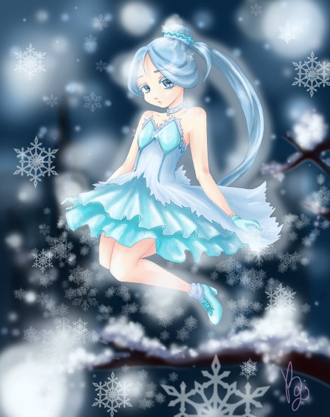 Anime picture 1900x2400 with original kimik-a single long hair tall image looking at viewer highres blue eyes silver hair full body ponytail sleeveless snowing jumping girl dress gloves choker snowflake (snowflakes)