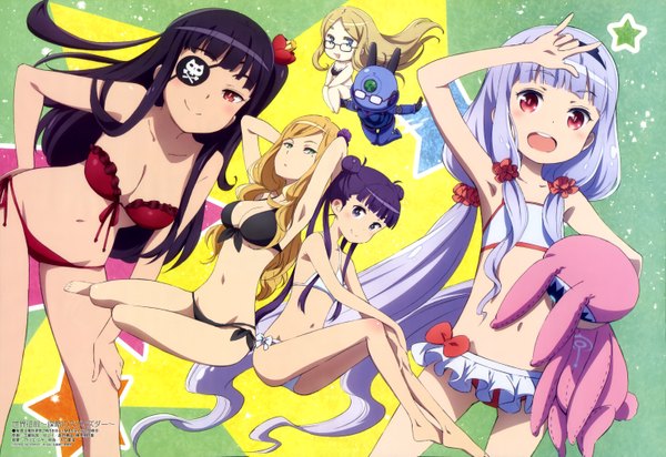 Anime picture 5926x4075 with sekai seifuku megami magazine hoshimiya kate galaktika shikabane itsuka natasha (sekai seifuku) komadori renge roboko (sekai seifuku) shirasagi miki long hair looking at viewer blush highres short hair breasts open mouth blue eyes light erotic black hair blonde hair