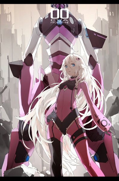 Anime picture 728x1100 with neon genesis evangelion vocaloid gainax ia (vocaloid) eva 00 nine (liuyuhao1992) long hair tall image looking at viewer blue eyes white hair inscription covered navel cosplay girl bodysuit pilot suit mecha