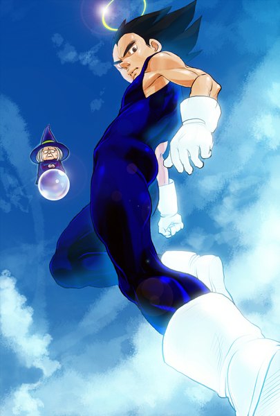 Anime picture 752x1113 with dragon ball vegeta uranai baba supobi single tall image looking at viewer short hair black hair cloud (clouds) black eyes lens flare looking down boy gloves white gloves