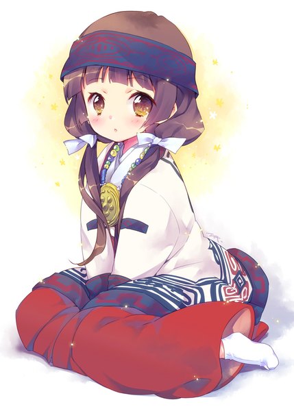 Anime picture 777x1087 with kumamiko amayadori machi ech single long hair tall image looking at viewer blush fringe open mouth black hair sitting twintails brown eyes payot full body long sleeves traditional clothes japanese clothes :o