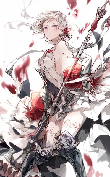 Anime picture 744x1200 with sinoalice snow white (sinoalice) fukuda935 single long hair tall image blush fringe breasts light erotic simple background standing white background looking away silver hair from below grey eyes floating hair asymmetrical hair girl