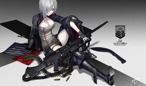 Anime picture 1500x888 with girls frontline mg5 (girls frontline) infukun single fringe short hair breasts light erotic wide image large breasts sitting signed looking away cleavage silver hair full body bent knee (knees) nail polish aqua eyes fingernails