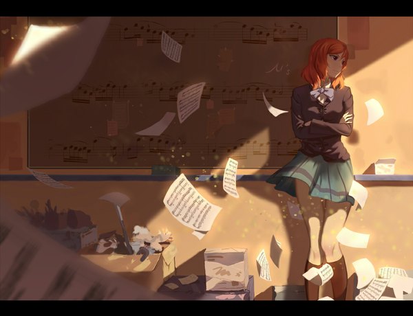 Anime picture 1000x768 with love live! school idol project sunrise (studio) love live! nishikino maki kevin kimi ganbatte single fringe short hair breasts smile looking away bent knee (knees) indoors pleated skirt wind black eyes orange hair letterboxed crossed arms classroom