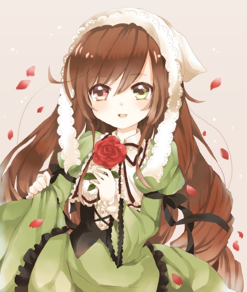 Anime picture 2024x2387 with rozen maiden suiseiseki mozunoj single long hair tall image looking at viewer blush highres open mouth brown hair loli heterochromia girl dress flower (flowers) petals bonnet