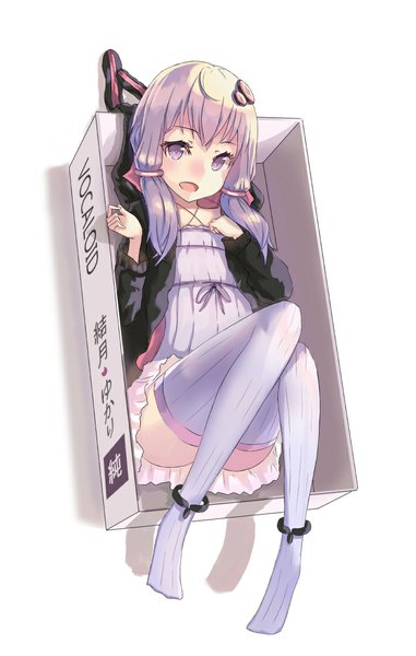 Anime picture 710x1118 with vocaloid yuzuki yukari cjl6y5r single long hair tall image fringe open mouth simple background smile white background purple eyes twintails animal ears purple hair bent knee (knees) lying open clothes open jacket bunny ears