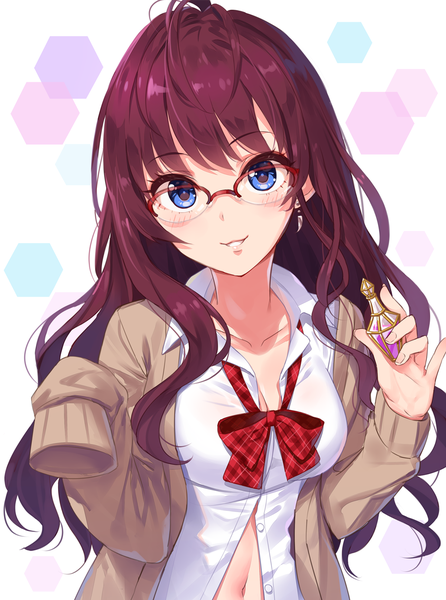 Anime picture 1030x1385 with idolmaster idolmaster cinderella girls ichinose shiki yuuhi (ages) single long hair tall image looking at viewer blush fringe breasts blue eyes smile standing white background holding upper body ahoge long sleeves parted lips
